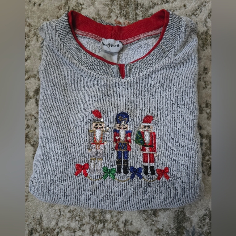 Bon Worth Gray Holiday Christmas Sweater W/ Embroidery Nutcracker Size XL